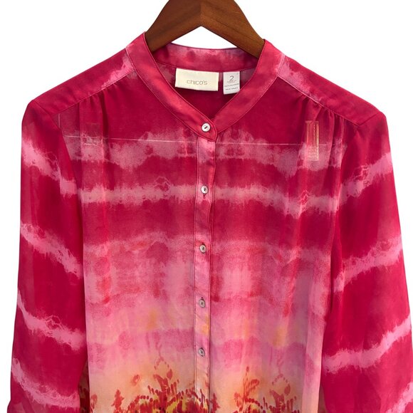 Chico's Women's Sheer Tunic Blouse Size 2 Large Mandarin Collar Button-Up Pink - Picture 3 of 7